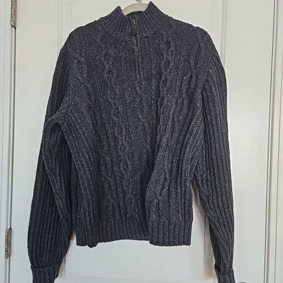 L.L. Bean Mens 1/4 Zip Cableknit Navy Fisherman’s Sweater Warm Size Large EUC - Picture 1 of 8